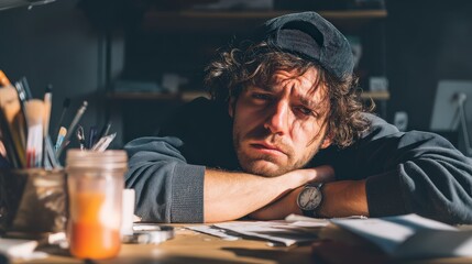 Tired Artist Leaning on Desk, Sunlit Studio