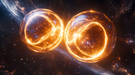 Two glowing orbs in space with a swirling vortex in the middle
