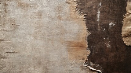 Close up of damaged canvas showing frayed edges and underlying dark material texture and pattern. tree bark texture