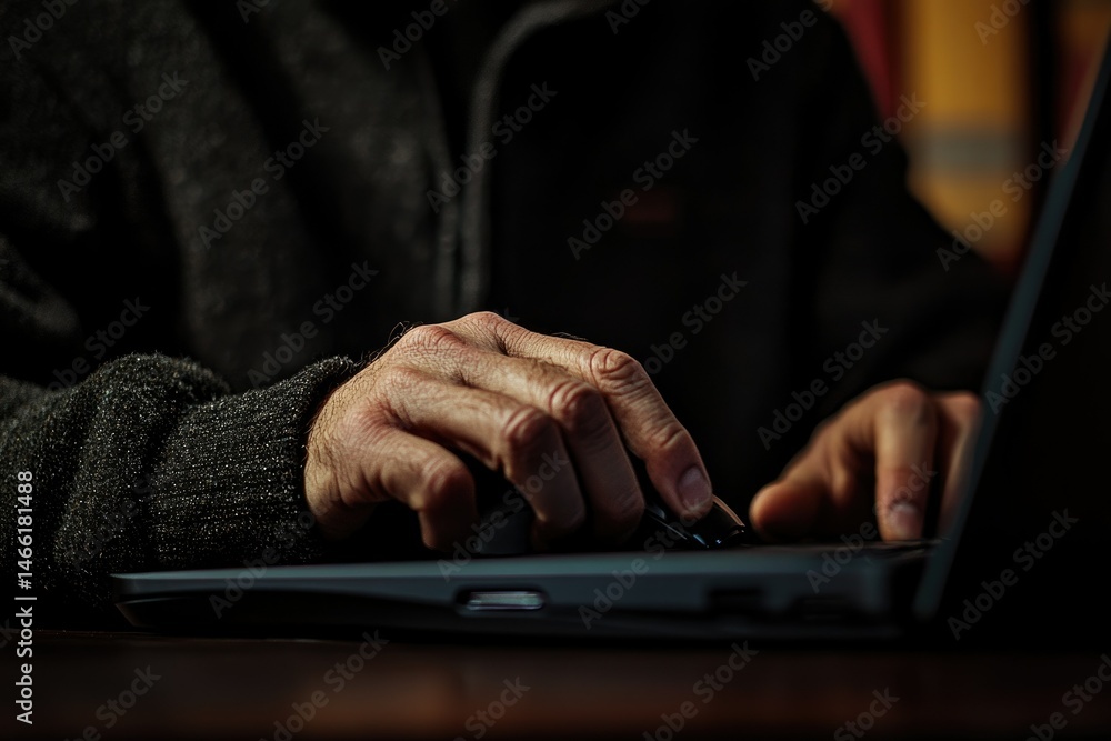 Leinwandbilder A person's hands using a computer mouse and keyboard in low light.