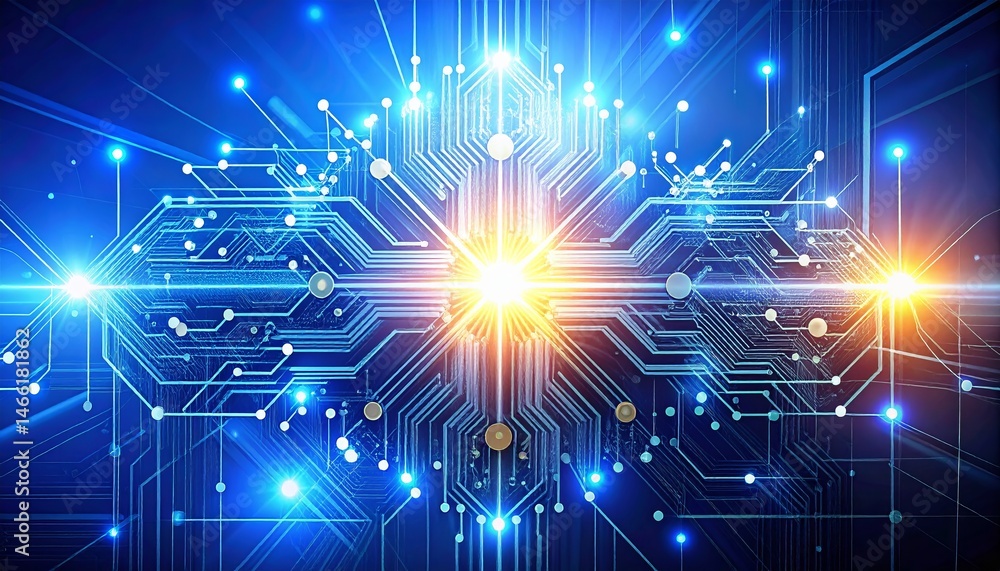 Aufkleber futuristic circuit board technology with glowing digital connections and binary network illustration