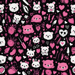 Cute Pink and White Teddy Bears Rabbits Hearts Seamless Pattern Design for Valentines Day
