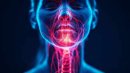 Highlighted trigeminal nerve showing pain area, with educational text on symptoms and treatments for trigeminal neuralgia