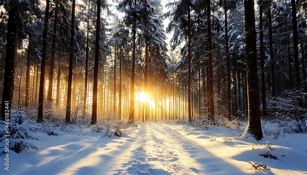 Poster snowy path through dense forest with tall trees and sunlight bursting through