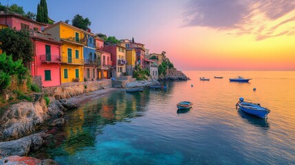 Obraz premium serene coastal village at sunrise with fishing boats bobbing in the water and colorful houses lining the shore, Generative AI