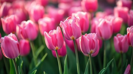 Fototapeta premium Vibrant pink tulips in full bloom growing naturally in a lush garden du sp with clear blue sky background and fresh green leaves creating a colorful floral landscape