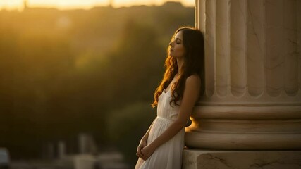 A dreamy woman in a flowing gown leans on a column, framed by golden-hour sunlight and fluttering shadows - Powered by Adobe