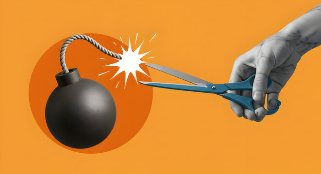 Hand Cutting Lit Fuse of Black Round Bomb with Blue Scissors on Orange Background