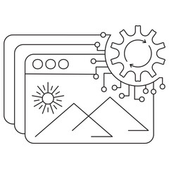 Icon of image processing in AI system with landscape photo on screen and gear symbol. Vector pictogram with thin black lines on a transparent background, editable line thickness, clean design