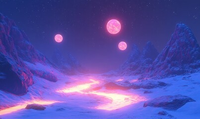 Naklejka premium dramatic alien landscape where explorers navigate glowing terrain under the light of three moons, Generative AI