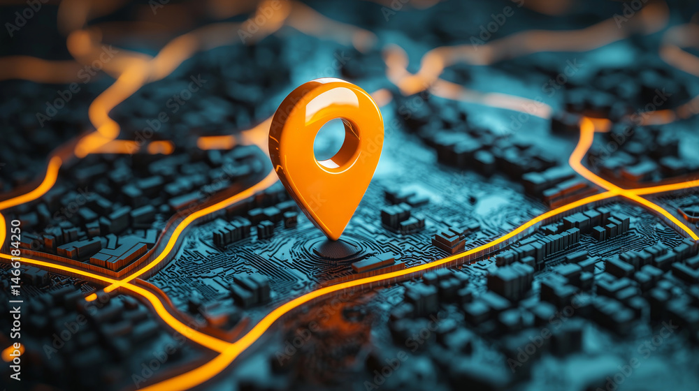 Poster abstract map with raised features and an orange location marker pin for navigation or gps concept