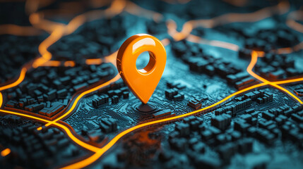 Abstract map with raised features and an orange location marker pin for navigation or GPS concept