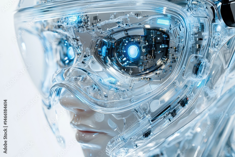 Fototapete a translucent robotic face with visible internal circuitry and glowing blue lights, showcasing advan