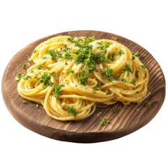 Delicious Aglio e Olio Pasta on Rustic Wooden Board