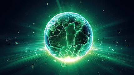 Cracked glowing Earth with green light rays and floating debris, symbolizing planet healing and environmental recovery in dark space background