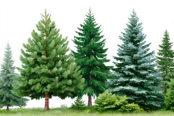 Fototapeta premium Coniferous trees growing on green grass against white background