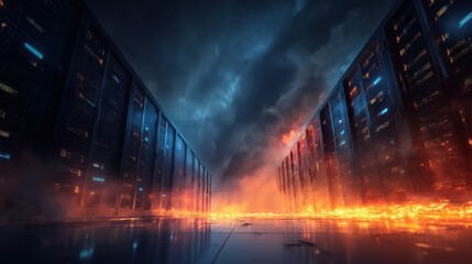 Burning Servers Data Center Inferno - Futuristic Digital Apocalypse