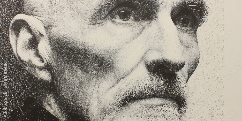 Poster a monochromatic portrait of an elderly man created with the pointillism technique, utilizing varying