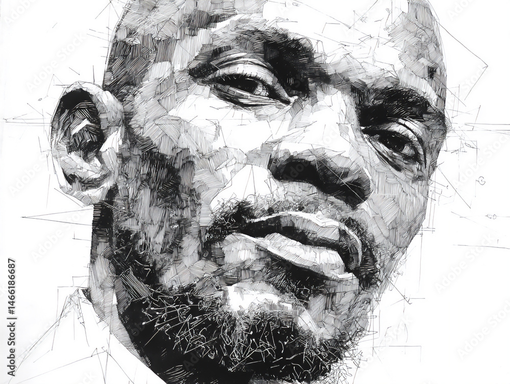 Poster a pen and ink sketch of a person's face, using quick, confident lines to capture their expression an