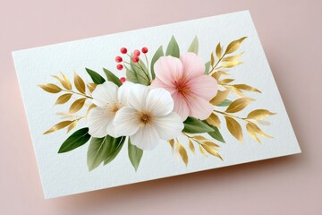 Elegant floral arrangement with gold leaves decorating a greeting card