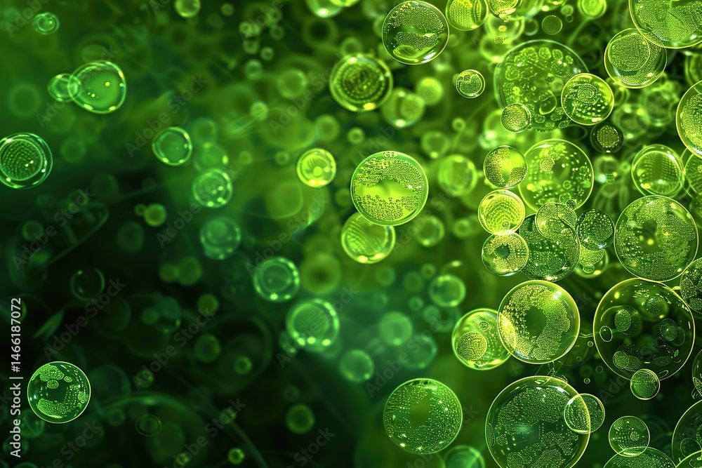 Poster abstract green spheres floating in a dark background create a dreamy atmosphere
