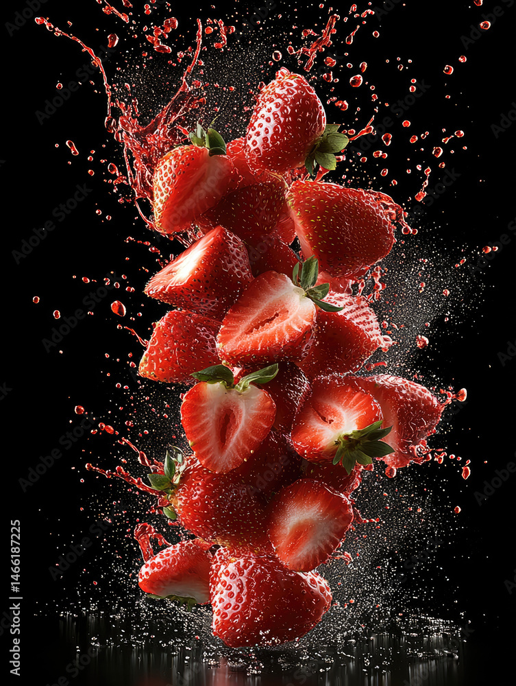 Aufkleber fresh strawberries splash in water with vibrant red color, juicy texture, and dynamic motion on blac