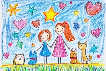 Fototapeta premium Mother and daughter holding hands with pets under a sky full of hearts and stars, crayon drawing