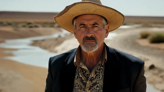 The camera slowly zooms in as an intense 43-year-old white man in a mexican charro suit walks confidently, facing the camera, across a dry riverbed