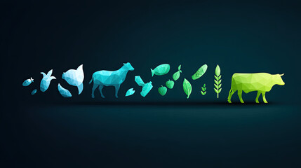 Plant based diet concept with polygonal style vegetables, fruits, fish, and animals in colorful transition from blue to green on dark background