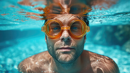 Man with orange swimming goggles underwater clear blue pool close up portrait relaxed expression sunlight reflections aquatic environment summer leisure adult male