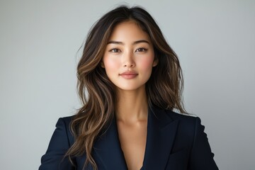 Fototapeta premium A young Asian woman with long brown hair, wearing a dark blazer, looks directly at the camera.