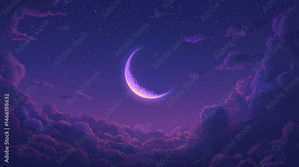 Canvas Prints bright crescent moon shining in a violet sky with soft clouds and scattered stars