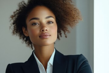 Confident young businesswoman with curly hair, looking directly at the camera.