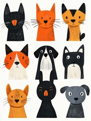 Naklejka premium Cute and Colorful Illustrated Animal Faces Featuring Cats and Dogs