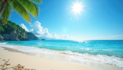 Bright summer sun shining on a beach, clear blue ocean waves, holiday season, ocean view