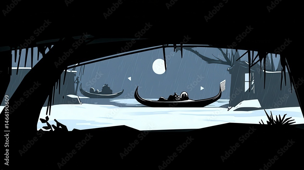 Poster pixelated twilight river scene with gondolas reflecting under lunar glow enhanced by simple monochro