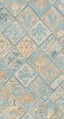 Serene Blue & Beige Tile Pattern: Vintage Floral Design