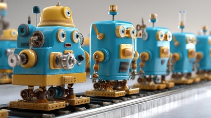 Obraz premium Adorable Retro Robots on a Conveyor Belt - A Whimsical 3D Render of Friendly Automated Machines