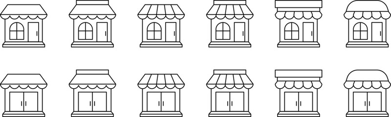Store icon set. Store icon in line style. Retail icon set. Store symbol. Shop icon set. Shop symbol. Store Building. Shop building. Vector illustration.