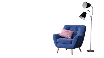 Blue armchair with wooden legs features a textured pink cushion for added comfort with a black...