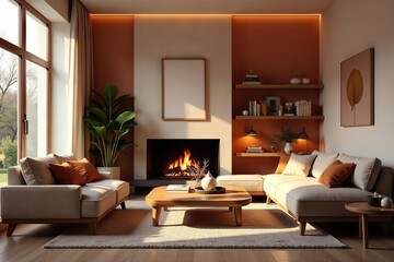 Fototapeta premium Cozy living room, warm lighting, comfy furniture, connection, warm colors