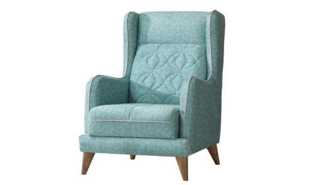 Upholstered wingback chair in teal fabric with a quilted diamond pattern on the backrest, isolated on white background, transparent background