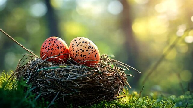 Colorful speckled eggs nestled in a natural nest on green moss, surrounded by a serene forest backdrop