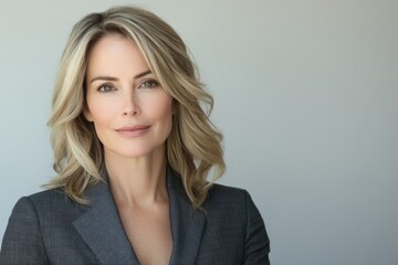 Naklejka premium Portrait of a confident middle-aged woman with blonde hair, wearing a grey blazer.