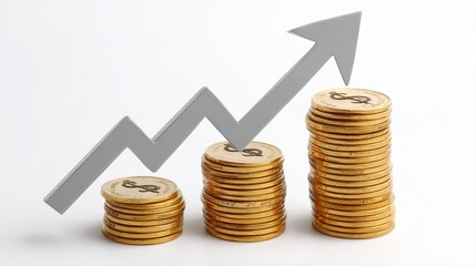 Gold coin stacks ascend under grey arrow on neutral background for growth