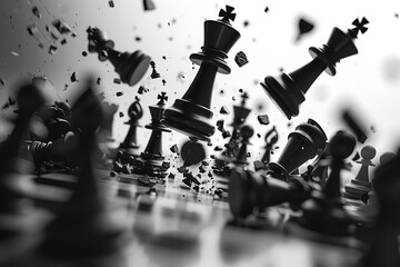 Chess pieces suspended in mid-air some shattered during an intense chess match