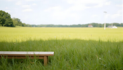 Wooden table, empty table, Green lawn, grass and sea background. hard wood table, sea, sea side, summer, outdoor, sunny day, sunlight, country side, garden, field, natural vibe, good for key up.