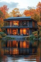 Obraz premium Modern lake house with warm interior lighting, reflecting in calm water, surrounded by autumn foliage