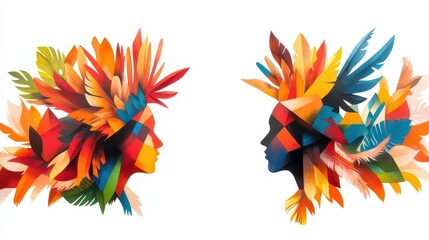 A vibrant artwork showcasing two faces adorned with colorful feathers, representing cultural identity and artistic expression.