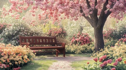Obraz premium Garden bench under blooming tree surrounded by flowers